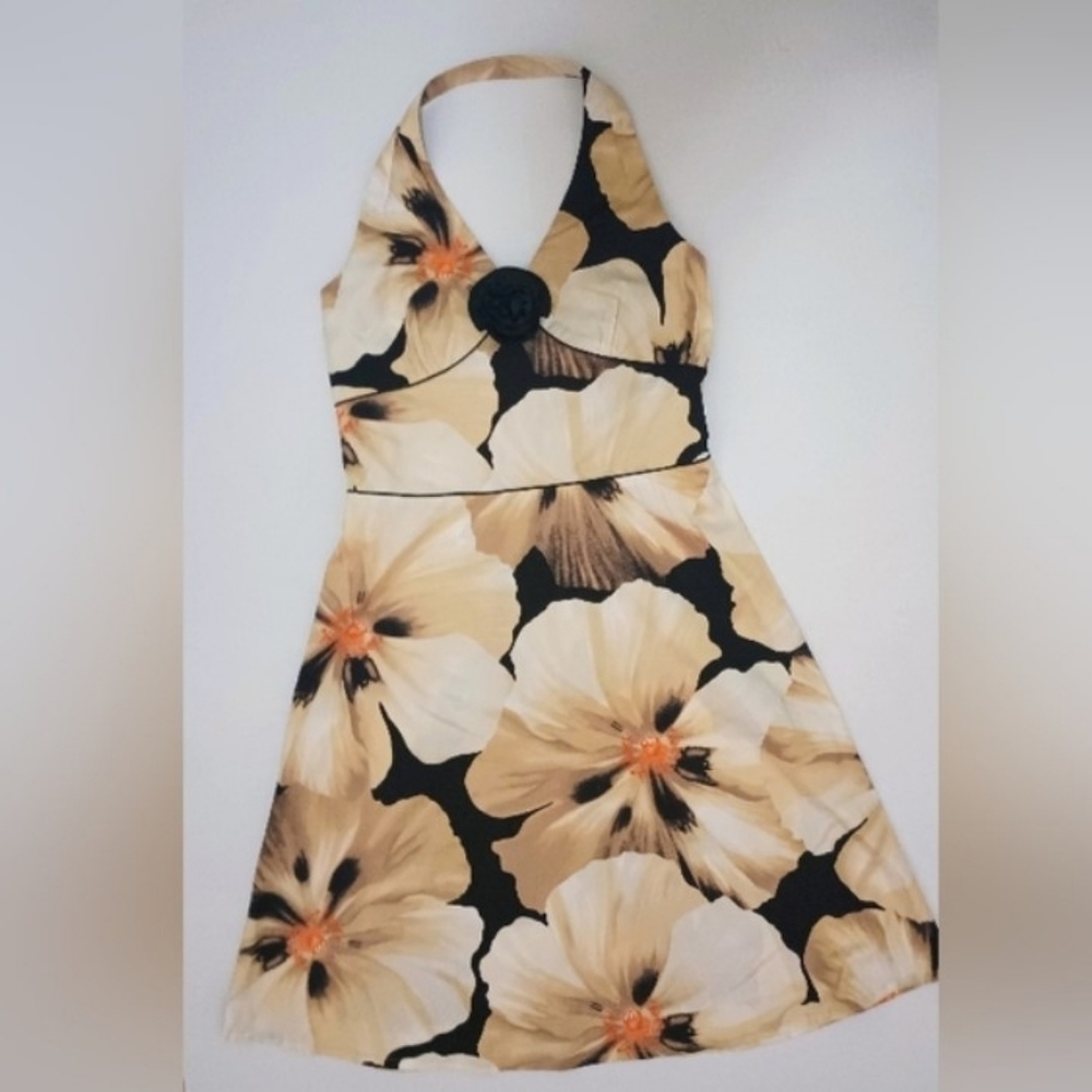 Floral Halter Dress Beige/Black Size L - Picture 10 of 11